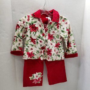 New 2pc Christmas Holiday Jacket Shirt Pants POINSETTIA Girls 4T